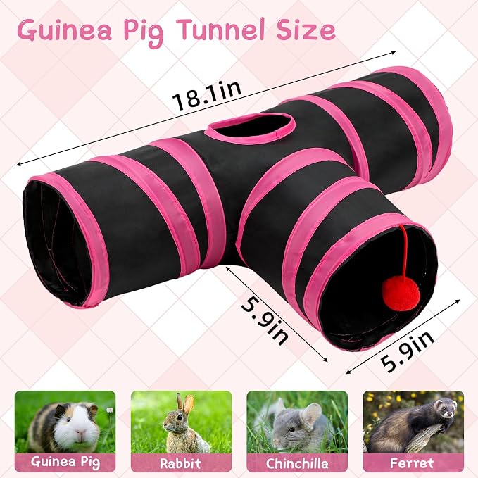 Rypet Guinea Pig Tunnel Hideout 3-Way Collapsible Pet Tubes, Red Black | 3 Way Design for Exploration, Collapsible for Easy Storage, Built-in Play Ball, Hiding & Resting for Hamsters Ferrets