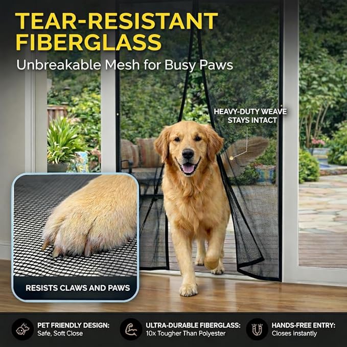 AUGO Heavy Duty Magnetic Screen Door Mesh– Premium Reinforced Fiberglass Mesh, Pet & Kid Friendly, Tear Resistant Hands-Free Self Sealing Closure, Keep Open Feature – 38" x 97"