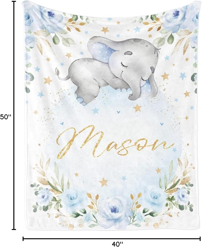 Personalized Elephant Blanket with Name for Boy, Custom Name Blanket for Kids, Soft Flannel Blue Elephant Toddler Blanket Customized Gift for Birthday Christmas Children Day 40x50inch