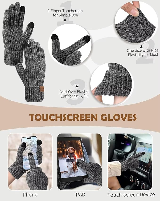 Women Beanie Scarf Gloves Headband Set, Chenille Winter Hats Fleece Lined Ear Warmer Knit Scarf Touchscreen Gloves 4 Gift Set
