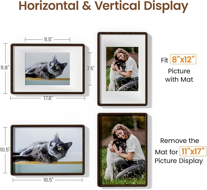 11x17 Picture Frame Natural Oak Wood From California-USA Walnut Color Finished Frame with Real Tempered Glass, Handcrafted 11 x 17 Matted to 8x12,Diploma,Certificate,Degree,Graduation Picture Display