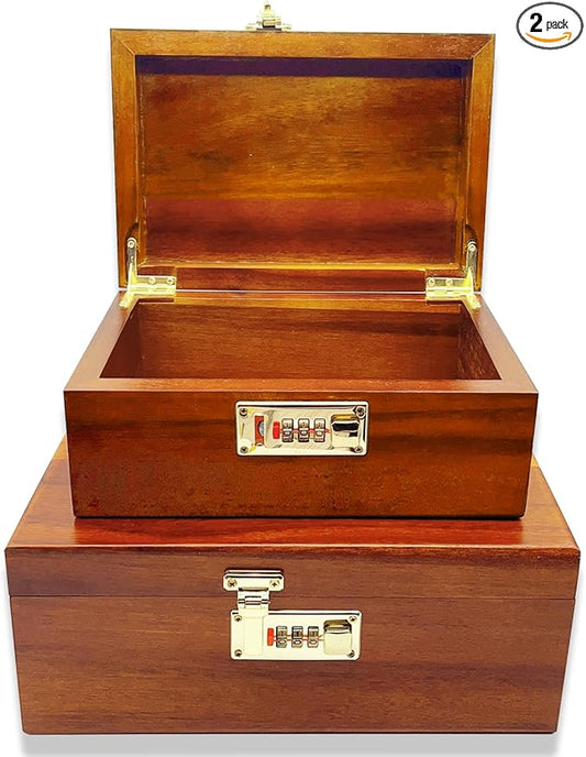 2pcs Wooden Box Decorative Acacia Wooden Storage Box with Combination Lock with Hinged Lid Keepsake Chest Stash Box Decorative Lockable Chest for Keepsakes, Memory Boxes Wood Gift Box