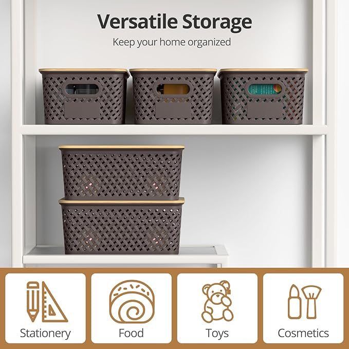 Plastic Storage Bins with Bamboo Lids, Stackable Small Box Baskets for Organizing and Containers for Shelves Drawers Desktop Closet Pantry Classroom Office Home, 6 Pack 10.2x7.2x4.1 Inch, Brown