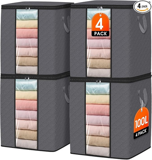 SpaceWhisper 4 Pack 100L Clothes Storage, Foldable Thick Fabric Blanket Storage Bags, Containers for Organizing Bedroom, Closet, Clothing, Comforter,Closet Organization with Handle,Grey
