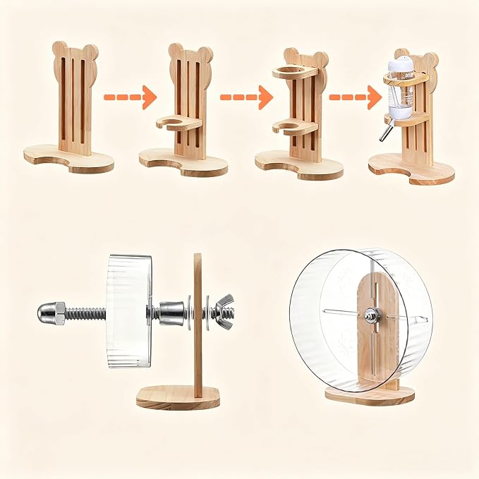 26 Pcs Hamster Cage Accessories, Silent Wheel & Wood House Set | Includes Maze House, Water Bottle, 13 Chew Toys, Seesaw Bridge; Natural Wood, for Guinea Pigs Chinchillas Gerbils Mice Rats