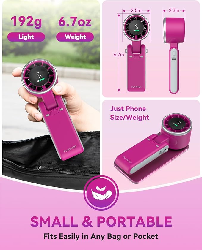 Portable Handheld Turbo Fan, 5-Speed Personal Fans, 5000mAh Rechargeable Fans Up to 12 Hours, Weight only 0.6lb Small Fan, Hand/Neck/Desk Fan 3 IN 1, Beach Vacation Essentials(Magenta)
