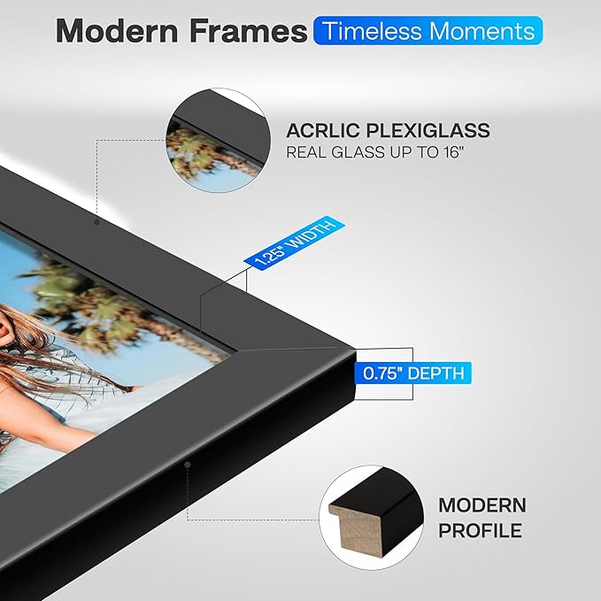 Modern 15x25 Black Picture Frame Wood with Real Glass - Wall Hanging - Real Wooden Edge - 25x15 Frame Size For Family Photo Portrait, Poster Prints, Documents, Art Print- Modern Memory Design