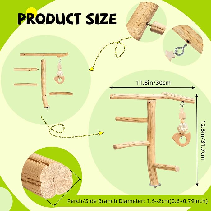 Natural Wooden Bird Perch Stand with Hanging Toy, Bark-Free Solid Wood Parrot Perch for Budgies, Parakeets, Cockatiels and Lovebirds, Inside or Cage Top Bird Playground