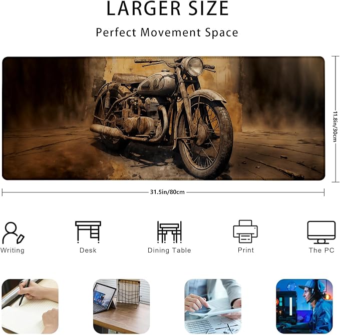 Vintage Motorcycle Gaming Mouse Pad Gifts 31.5" x 11.8", Non-Slip Rubber Base MousePads for Computers Laptop School Office Home Accessories Decor, Mouse Pad, Keyboard Desk Mat