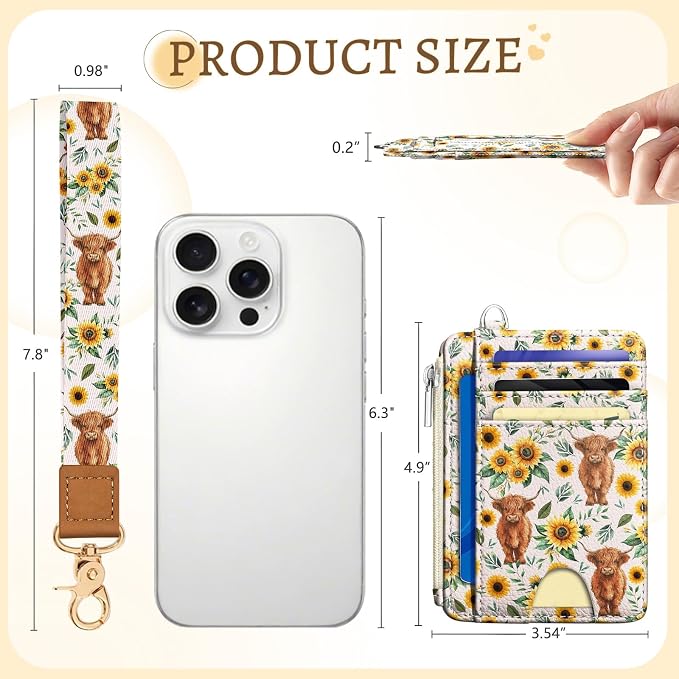 Kelvoris Credit Card Holder Small Wallet Women, Slim RFID, Highland Cows | Keychain, Zipper Coin Pocket, Front Pocket Thin Travel Card Case, Minimalist, 6 Card Slots, 1 ID Window, Ladies Gifts Woman