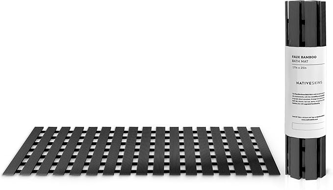 NativeSkins Faux Bamboo Bath Mat, Black, Non-Slip Safety Lining, Bamboo Shower Mat, Waterproof, Quick-Drying, Rectangular, 16.9 x 30.7 in