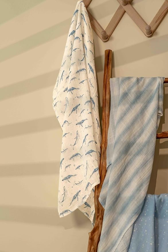 Muslin Swaddle Blankets for Newborn, 4 Pack Organic Cotton Baby Blankets for Boys, Large 31.5 x 43.3 Breathable Soft Receiving Blanket, Essentials Swaddle Wrap Burping Clothes, Blue Whale