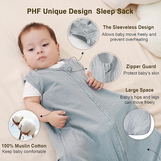 PHF 100% Muslin Cotton Baby Sleep Sacks, 0-6 Months Sleep Sack with 2-Way Zipper, 2 Pack Cooling Unisex 0.5 TOG Breathable Small Size Sleeveless Baby Wearable Blanket, Grey & Green