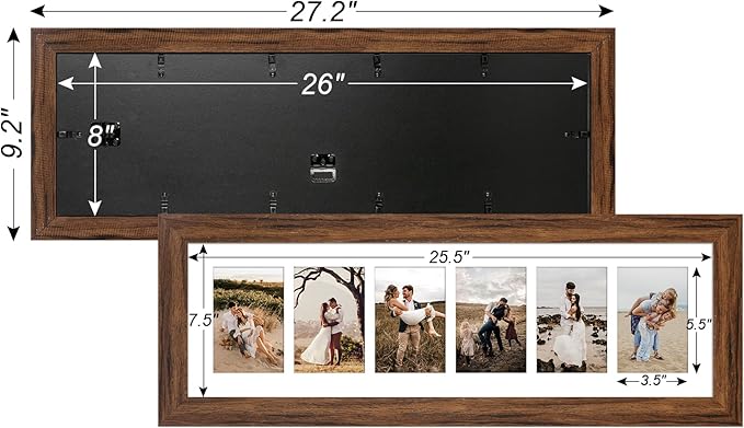 8x26 Picture Frame Display 6 opening 4X6 Picture Frame Collage,Multi Photo Frame with Mat,Plexiglass,Wall or Tabletop Decor,Carbonized Brown Wood Grain