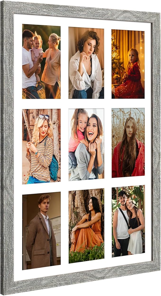 13.5x19.5 Collage frame with 9 Openings 4X6 Pictures, Multiple Picture Frame with Mat, Wall or Tabletop Decor, Grey Wood Grain,2 Pack