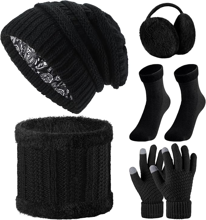SATINIOR 5 Pcs Winter Satin Lined Hat Scarf Gloves Set Knit Pompom Beanie Warm Touchscreen Glove Earmuff Ear Warmer for Women