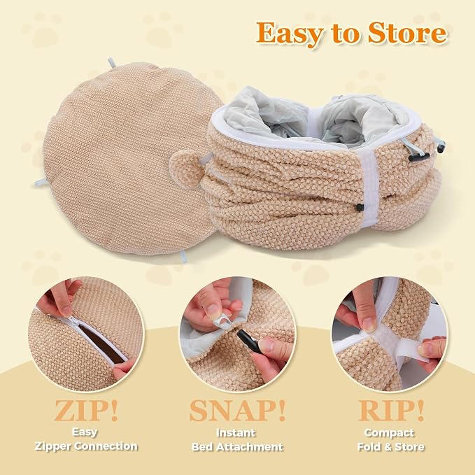 PEQULTI Beige Donut Cat Tunnel Bed Washable Plush Mat Multi for Small Pets | Round play tube with soft detachable plush mat, multi-pet toy fit indoor cats, kittens, puppies, rabbits and ferrets
