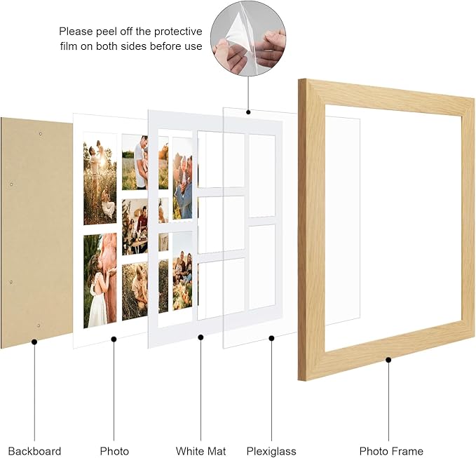 13.5x15.5 Picture Frame Display 7 opening 4X6 Picture Frame Collage,Multi Photo Frame with Mat,Plexiglass,Wall or Tabletop Decor,Natural Wood Grain