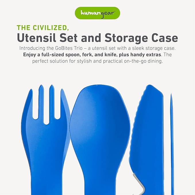 humangear GoBites Trio | Travel & Camping Utensils | Portable & Convertible Dining Ware | Multi-Functional Spork & Knife, Blue