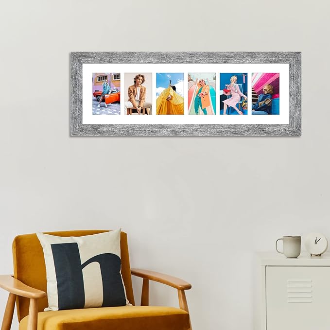 8x26 Picture Frame Display 6 opening 4X6 Picture Frame Collage,Multi Photo Frame with Mat,Plexiglass,Wall or Tabletop Decor,Grey Wood Grain
