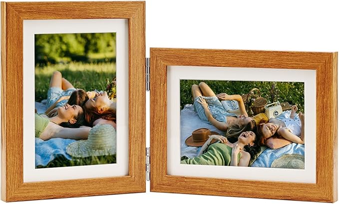 Double Hinged 5x7 Picture Frame with Tempered Glass-Tabletop or Wall Mounted, Display for 4x6 & 5x7 Photos (with/without Mat)-Rustic Brown, For Family Photos & Wedding Memories-Z5775
