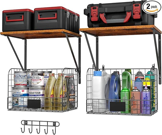 2 Pack Garage Shelves Wall Mounted with Wire Storage baskets, Heavy Duty Garage Wall Shelving with Hooks, Wooden floating shelves Tool Organizer for Home Garden Garage Organizers and Storage