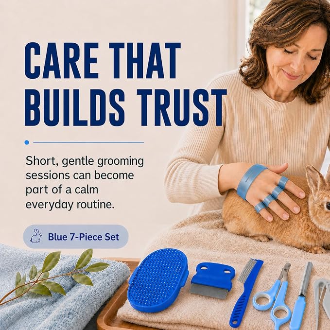 Rabbit Grooming Kit, 7-Piece Bunny Brush and Nail Care, Blue | 7 tools for loose fur, combing, light tangles and nail care; for rabbits, guinea pigs, hamsters and ferrets