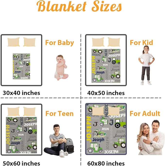Personalized Tractors Blanket - Custom Name with Farm Tractor Trucks Design - Soft Plush Flannel Bed Blanket for Baby Kid Teen Boys Girls Customized Gifts Grey