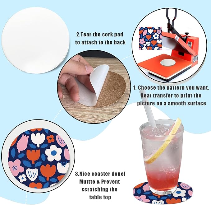 Sublimation Ceramic Coasters Blanks Bulk Round Drinks Table Coaster, Absorbent Ceramic Coaster Set, Heat Transfer Cup Coasters for Home Decor with Cork Backing Pads 30 Pack