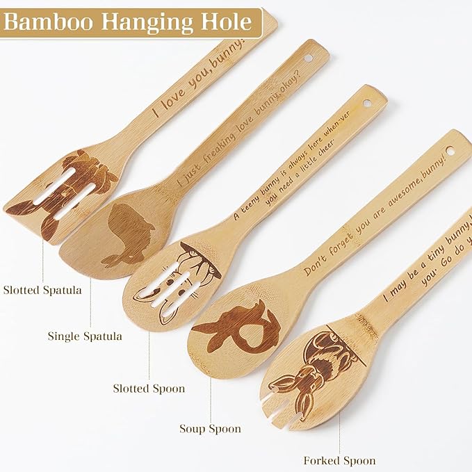5PCS Rabbit Wooden Cooking Spoons Kitchen Decor Rabbit Gifts for Women Men Rabbit Lovers Birthday Gifts Party Favors Housewarming Wedding Bamboo Cooking Spoons for Everyday Use