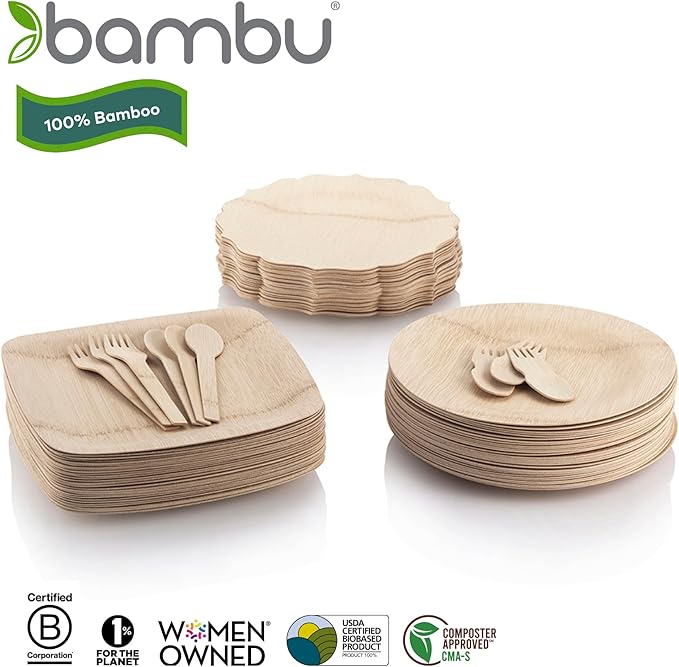 Bambu Pack of 100-11 Inch Disposable Bamboo Plates Fancy, Biodegradable Eco Friendly Products, Bamboo Disposable Plates for Party, Weddings, and Events, Great For Any Occasion - Bulk Case