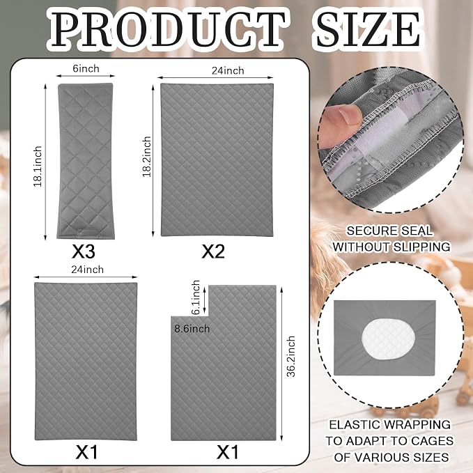 Beeveer 7 Pcs Ferret Cage Liner Washable Ferret Pads Bedding Cage Accessories Kit for Small Animals Hamster Rats Chinchillas Hedgehogs Guinea,Stain-Resistant Material (Double Unit Set,Grey)
