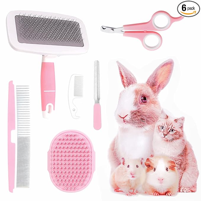 Small Animal Pet Grooming Kit with Pet Shedding Slicker Brush, Bath Massage Glove, Pet Grooming Comb, Nail Clipper Trimmer for Rabbit, Puppy, Kitten, Guinea Pig, Hamster, Ferret (Pink)