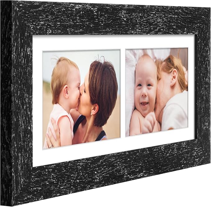 6x15 Picture Frame Display 2 opening 5X7 Double Picture Frame Collage,Multi Photo Frame with Mat,Plexiglass,Horizontal and Vertical Formats for Wall Decor,Black Wood Grain