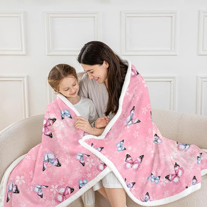 Feelyou Girls Butterfly Fleece Throw Blanket 40"x50" Kids Pink Cherry Blossom Sherpa Blanket Plush Fuzzy for Bed Couch Chair Living Room, Beautiful Butterflies Bed Blanket Room Decor