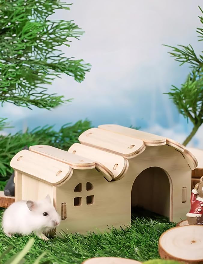 Hamster Hideout Cage Accessories - Hamster House and Habitat Wooden Hide Hut for Dwarf Gerbils and Mouse Mice Rat Other Small Animals etc.