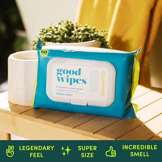 goodwipes Flushable Butt Wipes Made with Vitamin E & Aloe - Soft & Gentle Wet Wipe Dispenser for Home Use, Septic & Sewer Safe - Largest Adult Toilet Towelettes - Shea-Coco, 60 Count (Pack of 8)