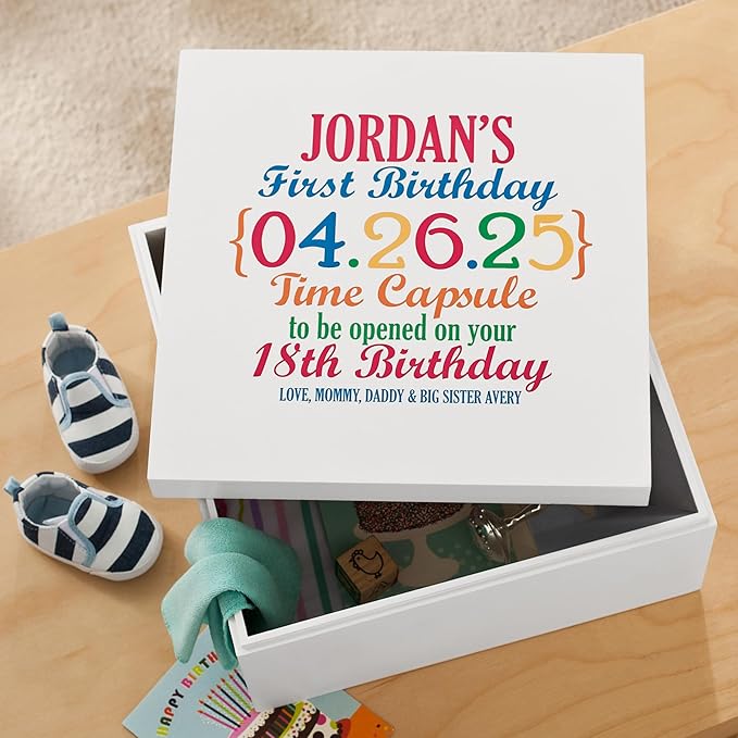 Let's Make Memories Personalized First Birthday Time Capsule - Baby Keepsake Box - Child's Memory Box - 12”Lx12”Wx6”H
