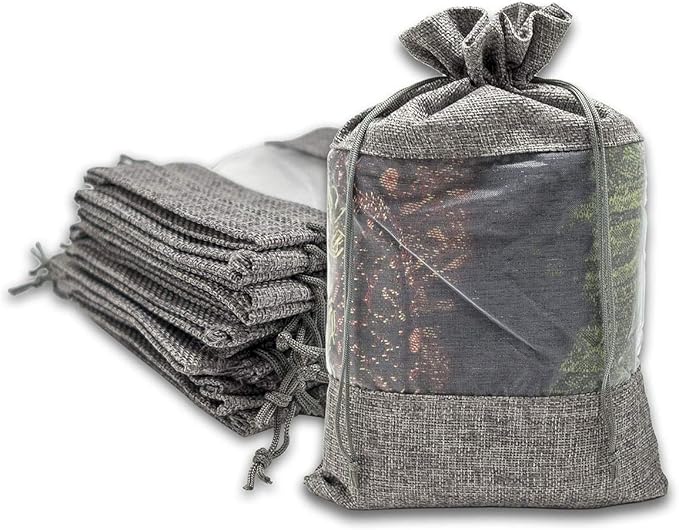 12-Pack X-Large Linen Burlap & Organza Gift Bags w. Drawstrings (7.5x11.5 in, Gray) - Party Favors, Presents, Samples & Treats Mesh Pouch by The Display Guys