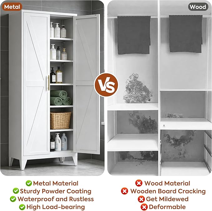 75" H Metal Pantry Storage Cabinet with Doors,Farmhouse Kitchen Pantry Cabinet with 5 Adjustable Shelves for Kitchen, Living Room,Assemble Required,White,15.75" D x 31.5" W x 75.3" H