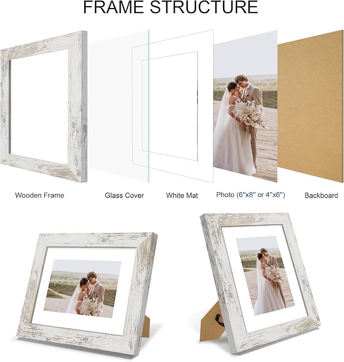6x8 Picture Frame Set of 4, Made of Real Glass and Distressed White Frame - Display Picture 4x6 with Mat or 6x8 Without Mat, 6 by 8 Photo for Wall or Tabletop