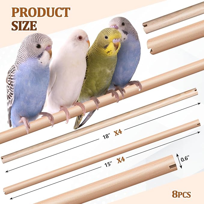 Sintuff Bird Perches for Cage Accessories, Wooden Perch Rods Replacement with Double Head Slots, 0.6 Inch Diameter Natural Wood Stand for Parrot Macaw Cockatoo Parakeet (15 Inches,18 Inches,8 Pcs)