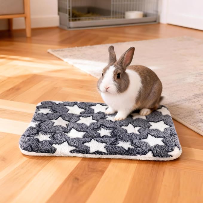 2 Pcs Bunny Bed, Washable Rabbit Bed, Double-Sided Fleece Sleeping Pad for Guinea Pig, Dwarf Rabbit, Chinchilla, Ferret, Hamster, Warm Small Animal Cage Mat, 13x10in, Gray Star
