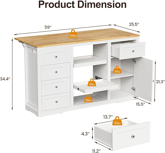 RoyalCraft 59'' Inch Kitchen Island with Storage and Drop Leaf, Island Table for Kitchen, Coffee Station Cabinet with Rubber Wood Top, Pull-Out Trays, Drawers, Adjustable Shelf, Power Outlet, White