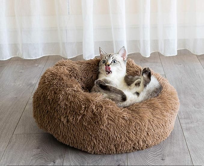 Plush Calming Donut Dog Bed for Small to Medium Dogs, 28 Inch Round Pet Bed | Soft Faux Fur Puppy Bed with Raised Rim for Curling and Head Support; Washable Round Pet Bed for Small to Medium Dogs or Cats