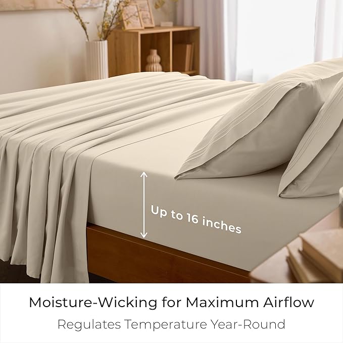 Mellanni King Sheets Set - 4 PC Iconic Collection Bedding - Hotel Luxury, Extra Soft, Cooling Bed Sheets - Wrinkle, Fade, Stain Resistant (King, Beige)