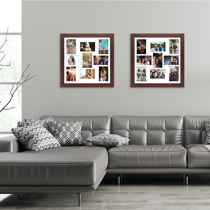 17x17 Picture Frame Display 9 opening 4X6 Picture Frame Collage,Multi Photo Frame with Mat,Plexiglass,Wall Mount Decor,Walnut Wood Grain