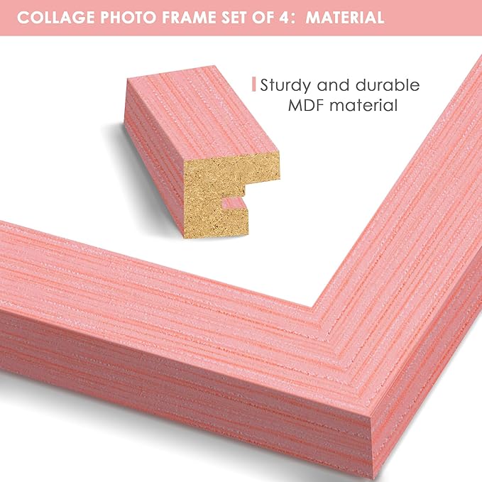 4x6 Collage Picture Frame Tempered Glass Front, Displays Four 4x6 Photo, Family Photo Collage Frame, Wall Decor Wall Hanging or Tabletop, Pink