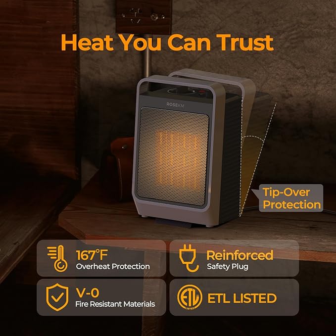 Space Heaters for Indoor Use, 1500W Portable Electric Heater with Thermostat, Ceramic Heater for Room Bedroom Office Under Desk with 3 Heating Levels, Safe Tip-Over Protection (Silver)
