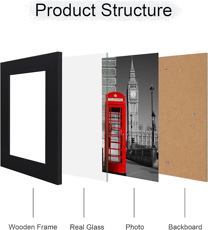 iRahmen 5x7 Picture Frame Set of 4, High Definition Glass Black Picture Frame, 5 x 7 Wood Rustic Photo Frames for Horizontal or Vertical Table Top and Wall Mounting